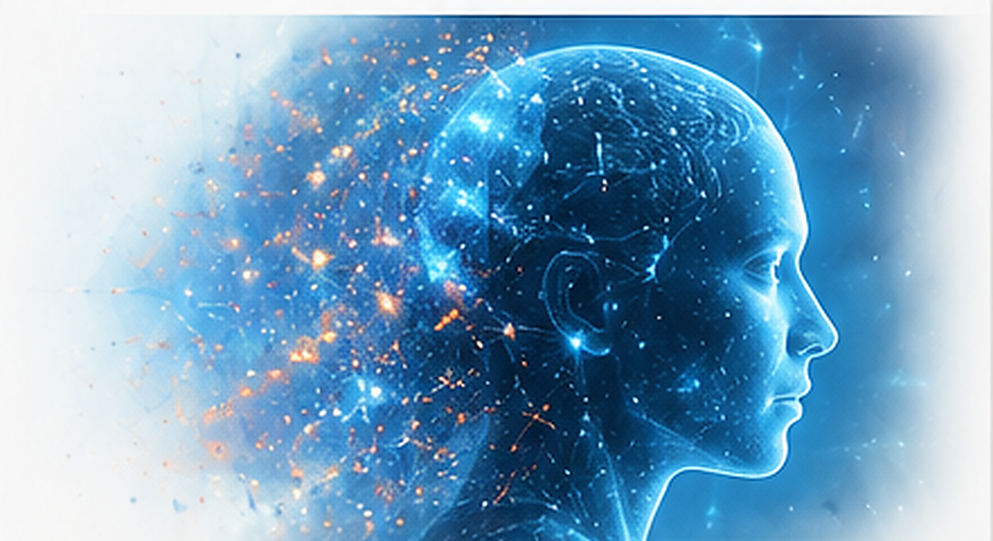 Blue digital human head representing generative artificial intelligence.