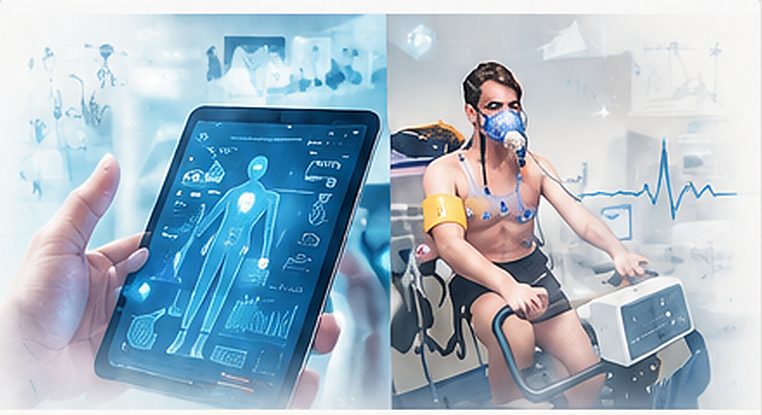 Digital healthcare interface beside a person undergoing clinical exercise monitoring.