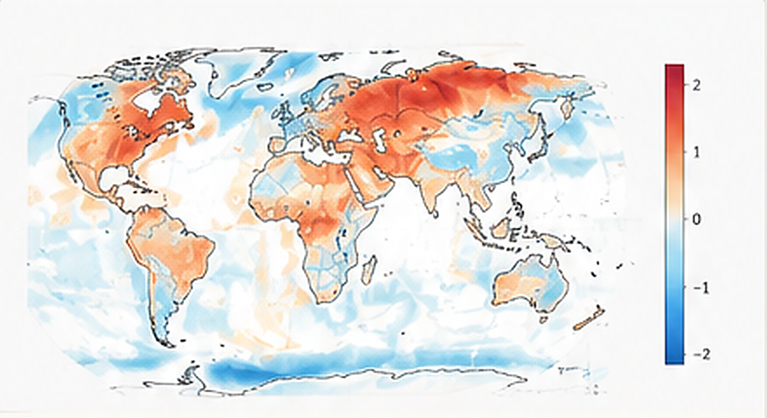 Global climate map with warm and cool spatial anomalies and a diverging color legend.