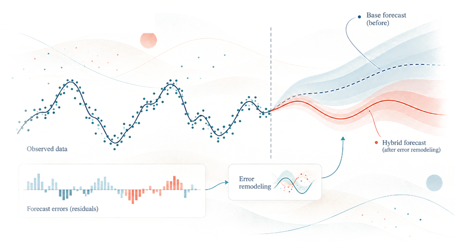 Observed series, forecast residuals, and a remodeled hybrid forecast