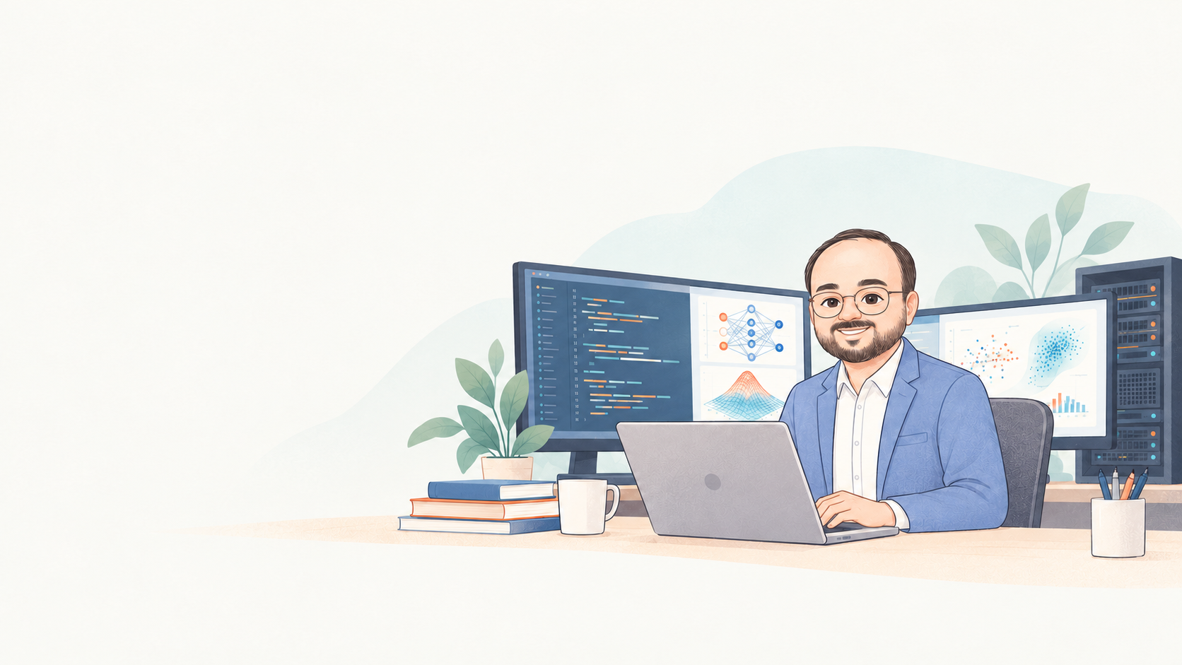 Tanujit Chakraborty working at a data-science workstation with code, statistical visualizations, and computing infrastructure
