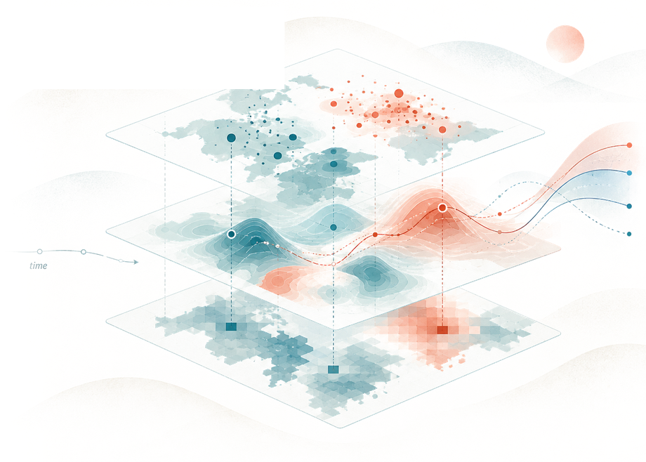 Stacked spatial maps with time, terrain, and hexagonal layers