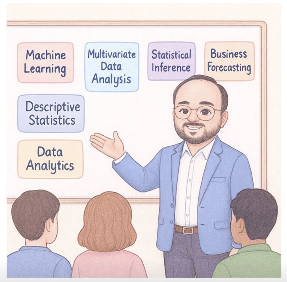 Illustrated classroom scene with Tanujit Chakraborty teaching statistics and data science topics